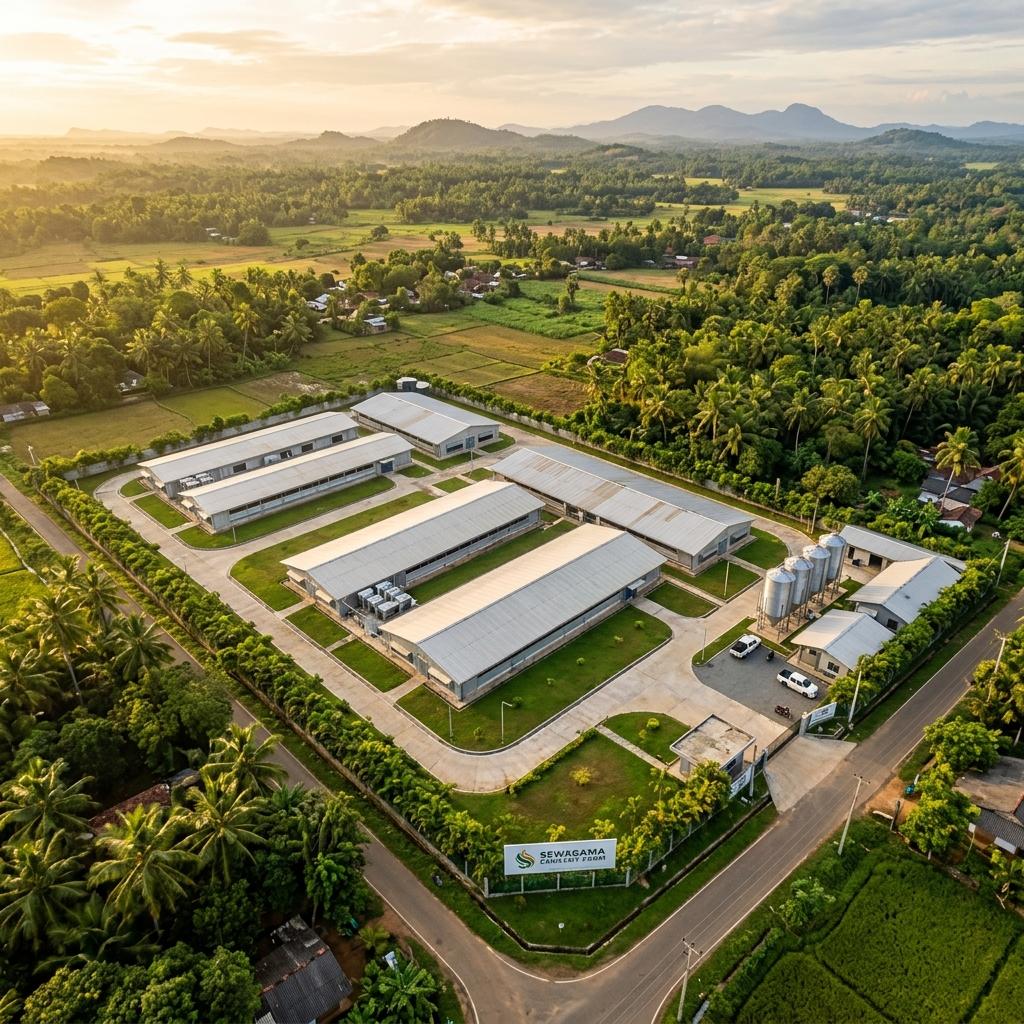 Wide aerial view of the modernized Sewagama Farm