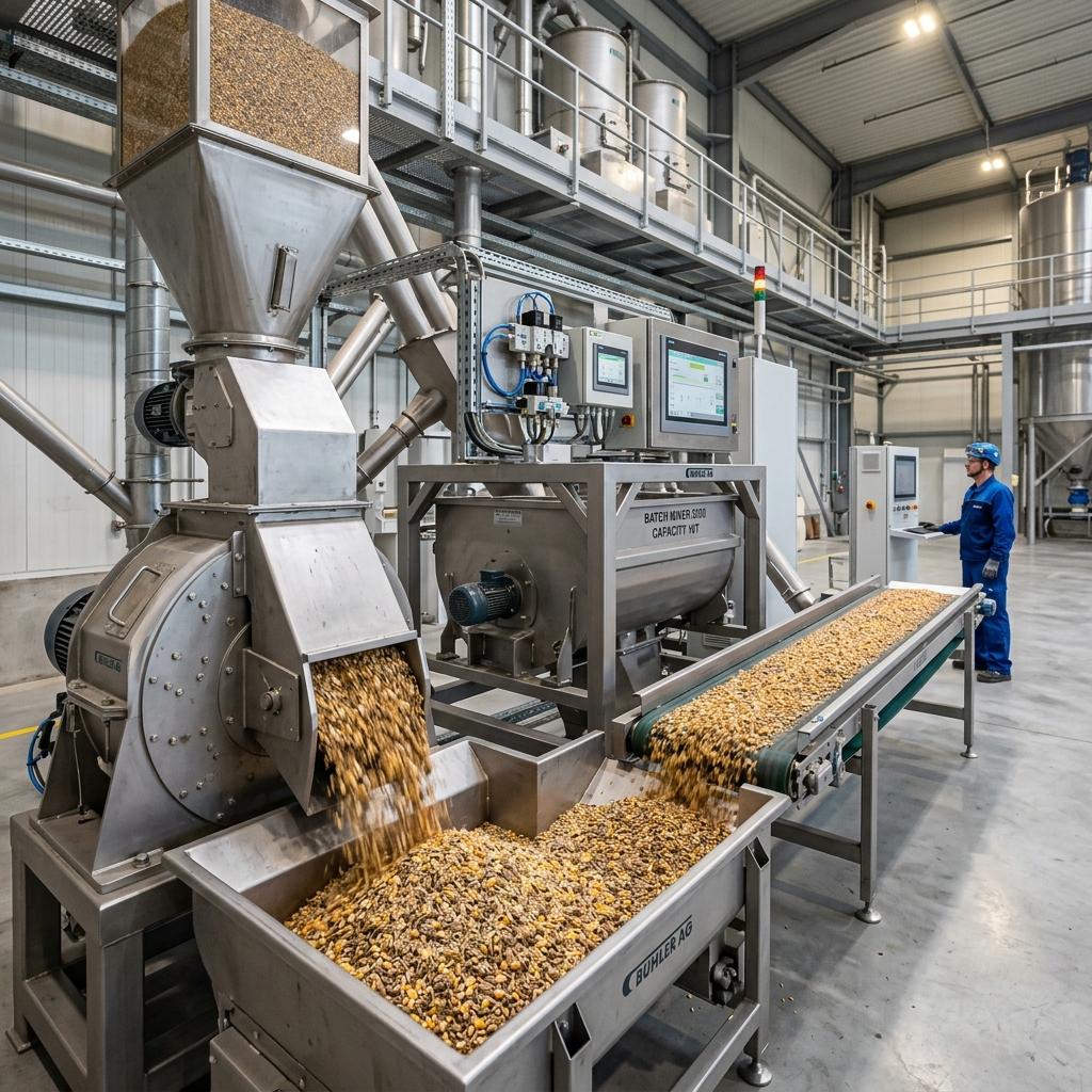 Industrial feed milling equipment showing mixed grains